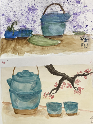 水彩绘画的茶壶和杯子